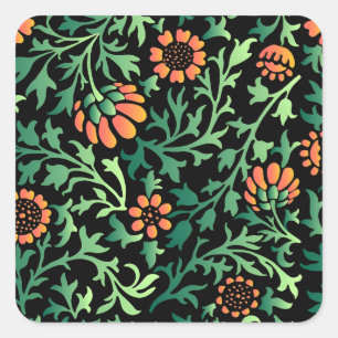 Sticker Carré Motif floral complexe avec feuilles vertes