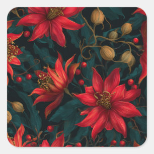 Sticker Carré Motif floral de Noël rouge foncé