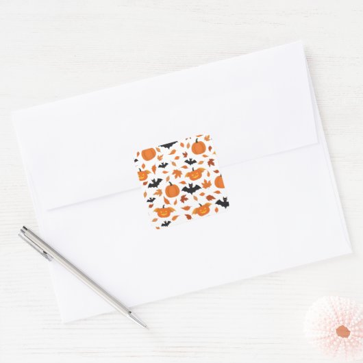 Sticker Carré Motif Helloween | citrouille, chauve-souris, feuil (Enveloppe)