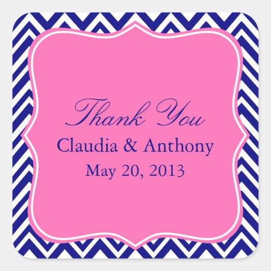 Sticker Carré Motif Navy Blue Chevron avec Merci rose chaud (Devant)