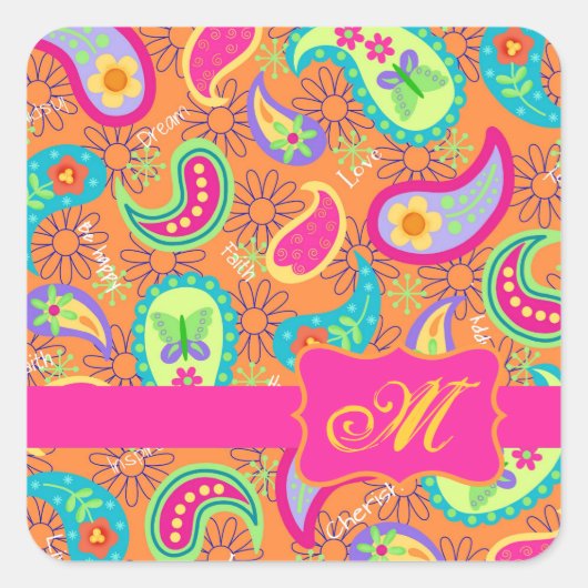 Sticker Carré Motif Orange Moderne Paisley Whimsy (Devant)