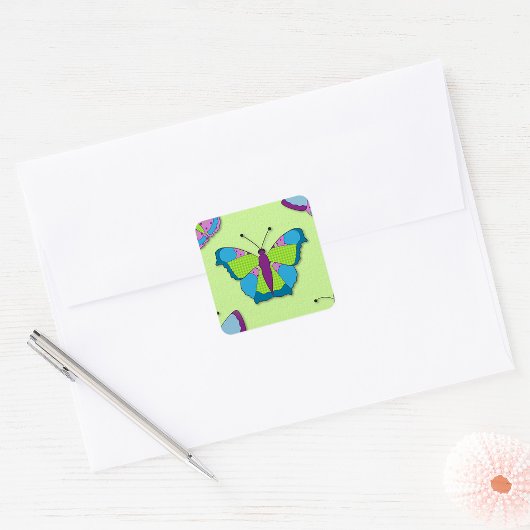 Sticker Carré Motif Papillon Patchwork sur Fond Vert