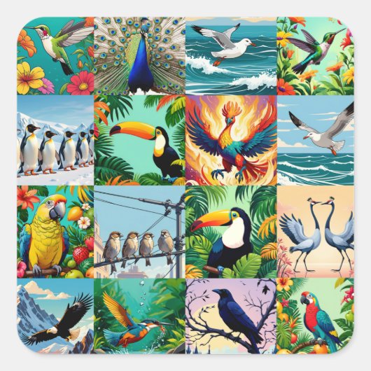 Sticker Carré Motif Patchwork Oiseaux (Devant)