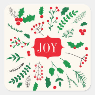 Sticker Carré Motif vert rouge de Noël de joie de houx