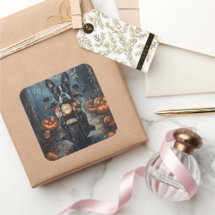 Sticker Carré Moto à cheval Boston Terrier Halloween effrayant