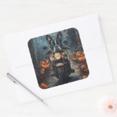 Sticker Carré Moto à cheval Boston Terrier Halloween effrayant (Enveloppe)