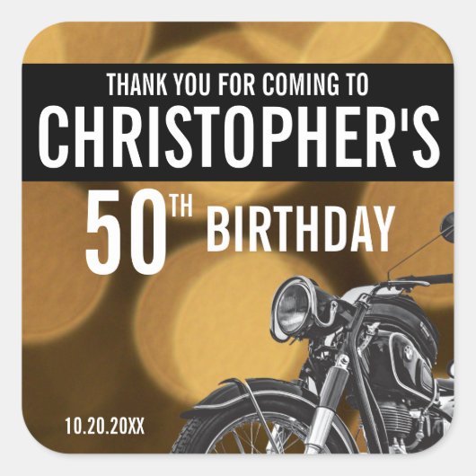 Sticker Carré Moto thème, 50ème anniversaire, Or et noir (Devant)