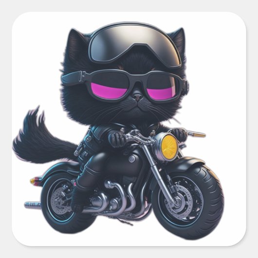 Sticker Carré Motorcycle d'équitation de chat noir mignon (Devant)