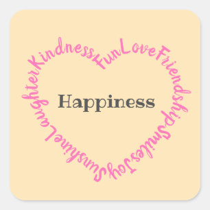 Sticker Carré Mots heureux Typographique Coeur rose et Pêche