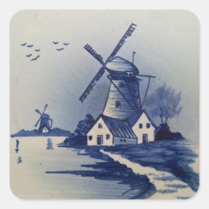 Sticker Carré Moulin à vent bleu blanc Delft vintage