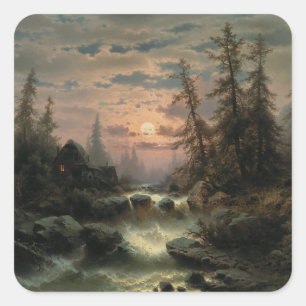 Sticker Carré Mountain Stream au clair de lune - Albert Rieger