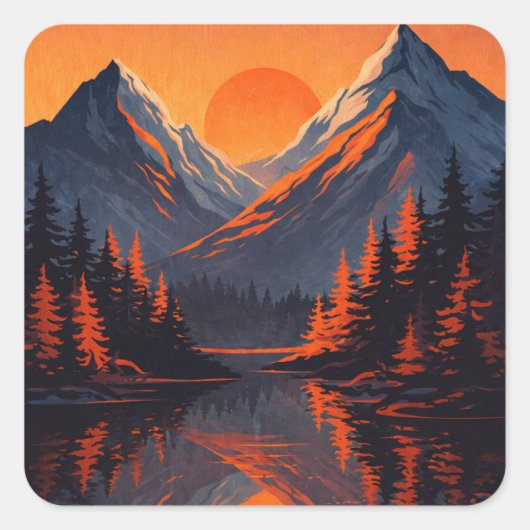 Sticker Carré Mountain Sunset Reflection Fiery Orange Sky  (Devant)