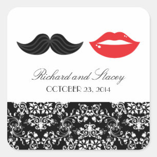 Sticker Carré Moustache et lèvres rouge, noir et blanc Mariage d