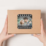 Sticker Carré Movie Poster Film Strip Black And White Wedding<br><div class="desc">This movie poster-inspired wedding design can be a unique and creative way to bring a touch of Hollywood glamour to your special day. Using bold typography, bright colors, and your images, you can customize this wedding poster style design that captures your personalities and sets the tone for your celebration. This...</div>