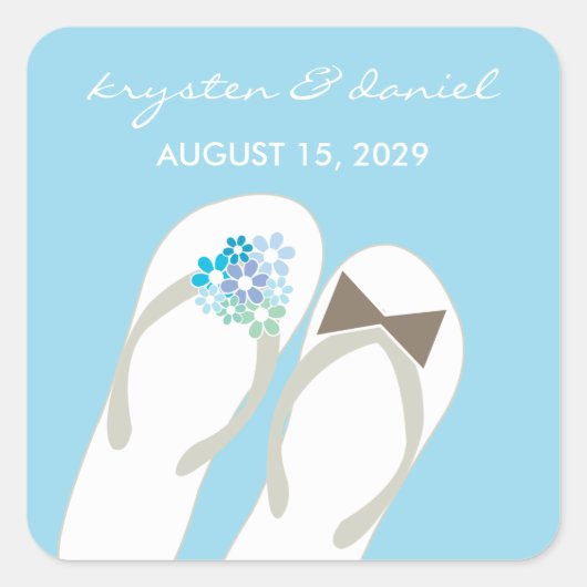 Sticker Carré Mr & Mrs Blue Flowers Flip Flops Plage Mariage (Devant)