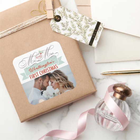 Sticker Carré Mr & Mrs First Christmas Mistletoes Mariage photo (Cadeaux)