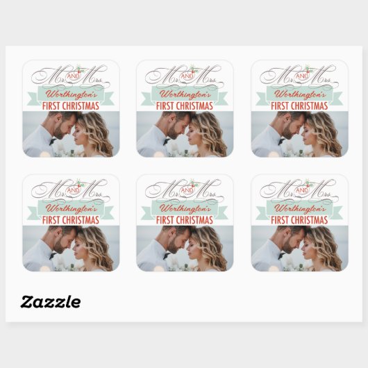 Sticker Carré Mr & Mrs First Christmas Mistletoes Mariage photo (Feuille)