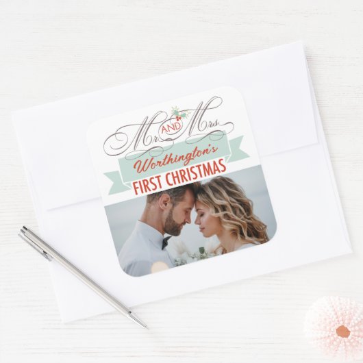 Sticker Carré Mr & Mrs First Christmas Mistletoes Mariage photo (Enveloppe)