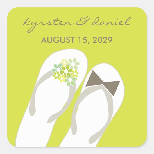 Sticker Carré Mr & Mrs Green Flowers Flip Flops Plage Mariage (Devant)