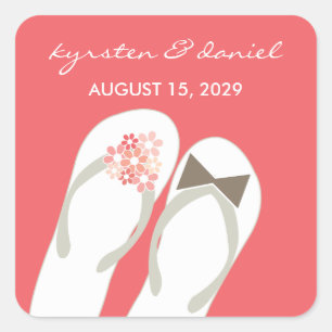 Sticker Carré Mr & Mrs Pink Flowers Flip Flops Plage Mariage