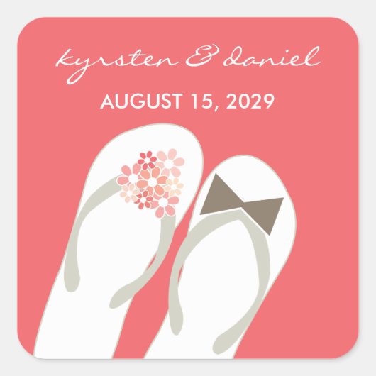 Sticker Carré Mr & Mrs Pink Flowers Flip Flops Plage Mariage (Devant)