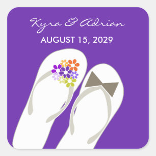 Sticker Carré Mr & Mrs Purple Flowers Flip Flops Plage Mariage