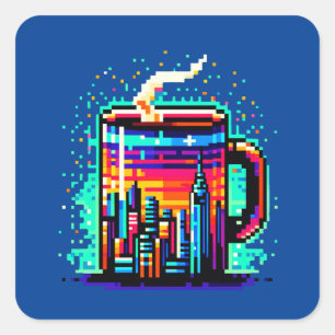 Sticker Carré Mug de café urbain 8 bits rétro