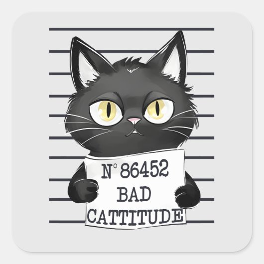 Sticker Carré Mugshot de chat noir drôle et mignon (Devant)