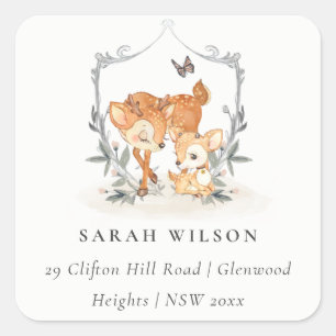Sticker Carré Mum Deer Fawn Floral Crest Baby shower Adresse