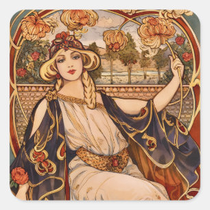 Sticker Carré Muse du Chrysanthème Doré – Art Nouveau Floral