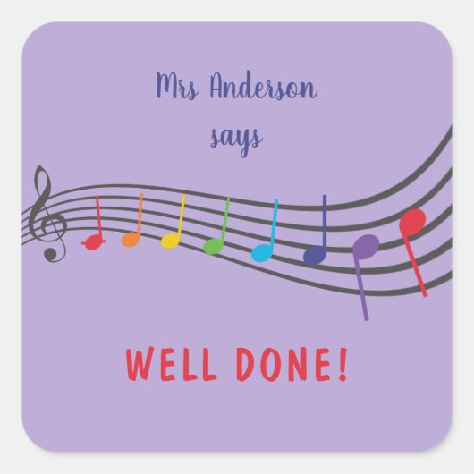 Sticker Carré Music Teacher bien fait Rainbow Notes récompense (Devant)