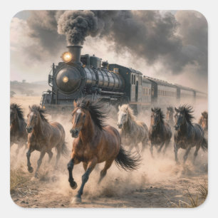 Sticker Carré Mustangs sauvages courant le long d'un train vinta
