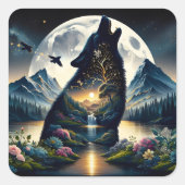 Sticker Carré Mystical Wolf Howling at Moon Surreal Ai Art (Devant)