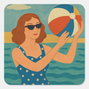 Sticker Carré Nageur vintage avec ballon de plage