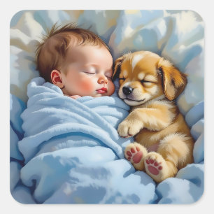 Sticker Carré Naissance bébé garçon Napping avec chiot