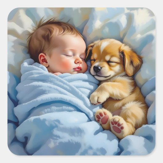 Sticker Carré Naissance bébé garçon Napping avec chiot (Devant)
