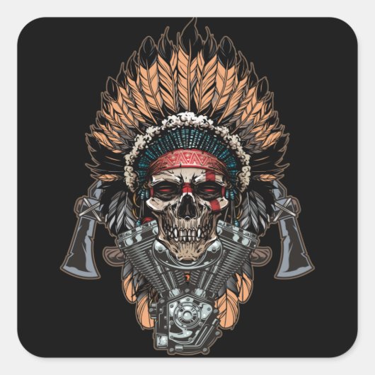 Sticker Carré Native American Indian Chief Skull Motorcycle (Devant)