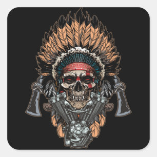 Sticker Carré Native American Indian Chief Skull Motorcycle