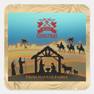 Sticker Carré Nativité en or personnalisée "Joyeux Noël"