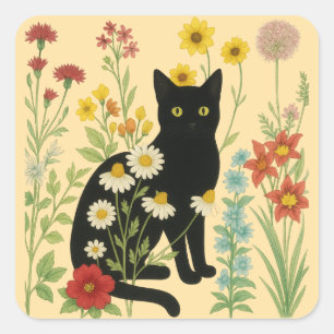 Sticker Carré Nature botanique – Chat noir dans un jardin de fle