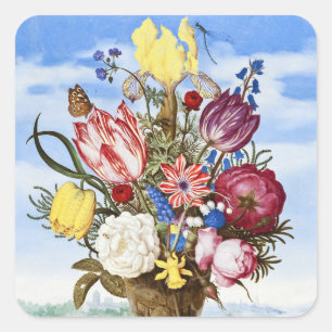 Sticker Carré Nature morte florale de l'Âge d'or néerlandais vin
