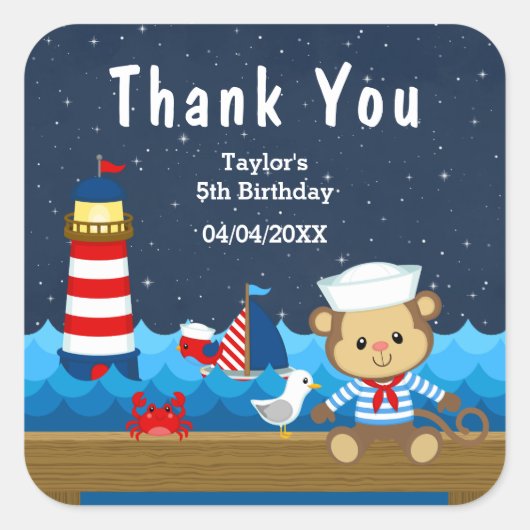 Sticker Carré Nautical Boy Monkey Red Anniversaire Merci (Devant)