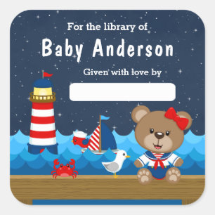 Sticker Carré Nautical Girl Bear Red et Navy Baby Bookplate