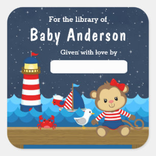 Sticker Carré Nautical Girl Monkey Red and Navy Baby Bookplate