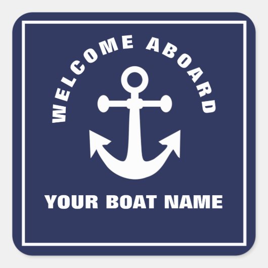 Sticker Carré Nautical Navy Blue Welcome Aboard Nom du bateau An (Devant)