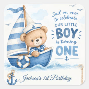 Sticker Carré Nautical Teddy Bear Voilier 1er Anniversaire