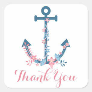 Sticker Carré Navire de remerciement nautique Ancre Fleurs roses