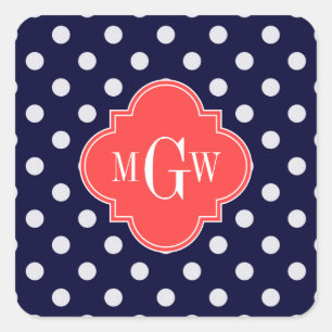 Sticker Carré Navy Blanc Points de Corail Quatrefeuille 3 Monogr