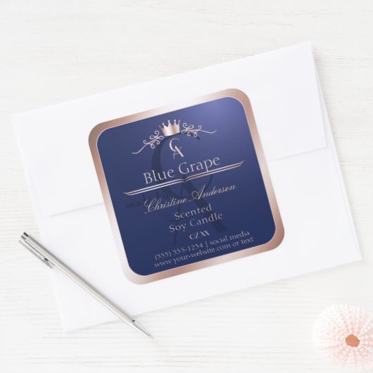 Sticker Carré Navy Blue Product Label Rose Gold Frame Monogram (Enveloppe)