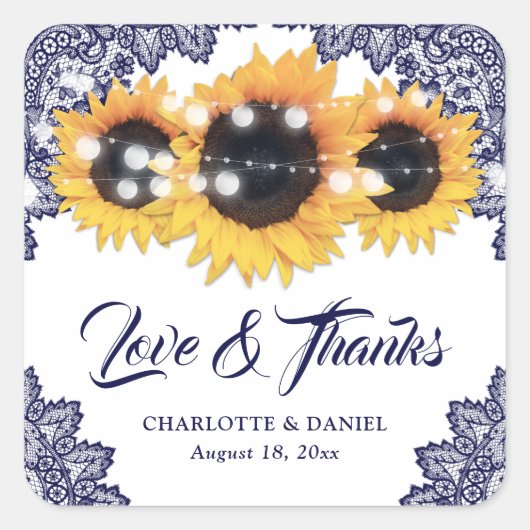 Sticker Carré Navy Blue Rustic Sunflower Wedding Thank You (Devant)